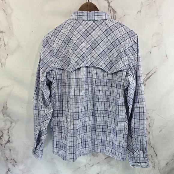 Simms Shirt Women Medium Purple Blue Button Up Long Plaid Vented Fishing Guide - Picture 5 of 10